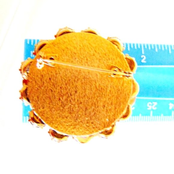 Vintage Brown Bead and Rhinestone Crystal Layered Gold Tone Brooch 2" Diameter - Picture 5 of 5